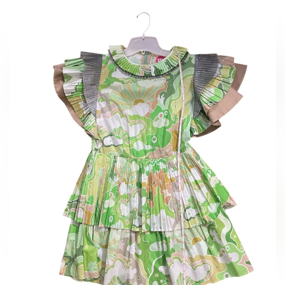 Celia B Ava Pleated Mini Dress Green silver Sun Cloud Moon Flutter Sleeve M RARE - Picture 5 of 5